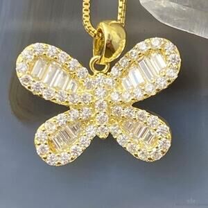 Sterling Silver CZ Butterfly Pendant with Chain Necklace For Women